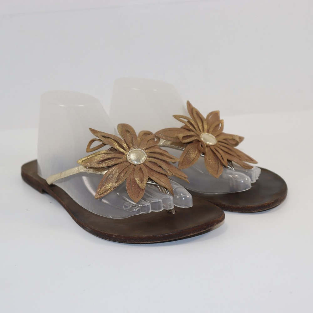Cordani Floral Thong Sandals Womens 37 Brown Gold Good Leather Flower Italy